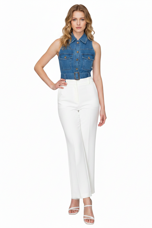 Haute Monde Denim Belted Sleeveless Top