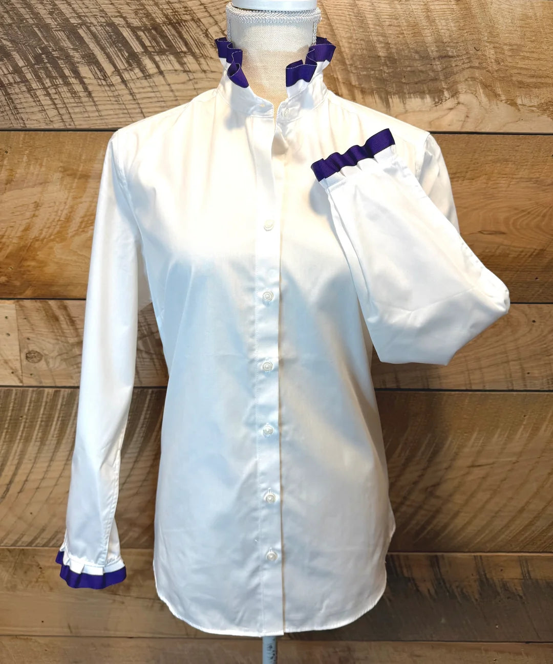 Pearly Vines- Dionne Game Day Ruffled Ribbon Shirt- White with Purple & White Ribbon