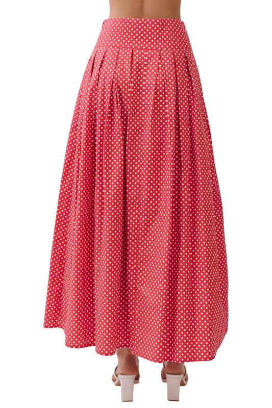 TCEC Pleated Polka Dot Rope Tie Maxi Skirt