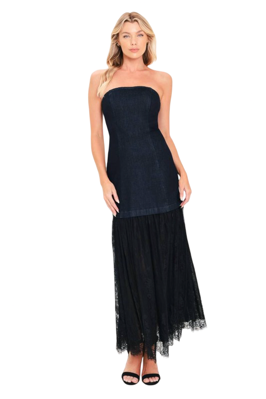 Flying Tomato Strapless Denim and Lace Maxi Dress