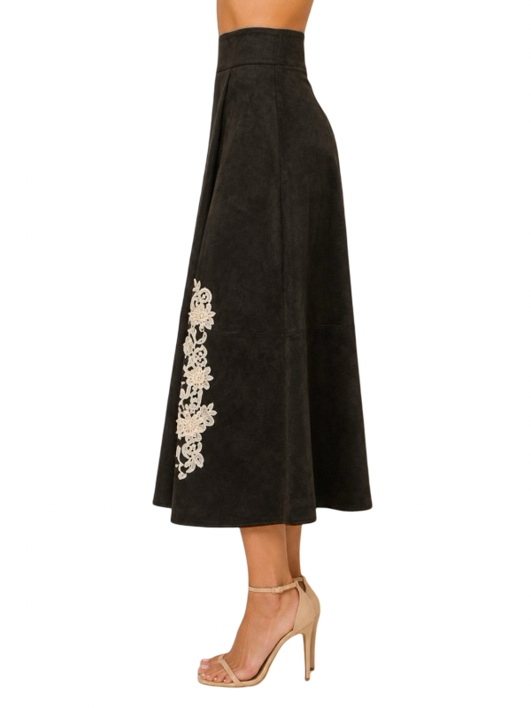 Fore Collection Asymmetrical Crochet Trim A Line Suede Midi Skirt