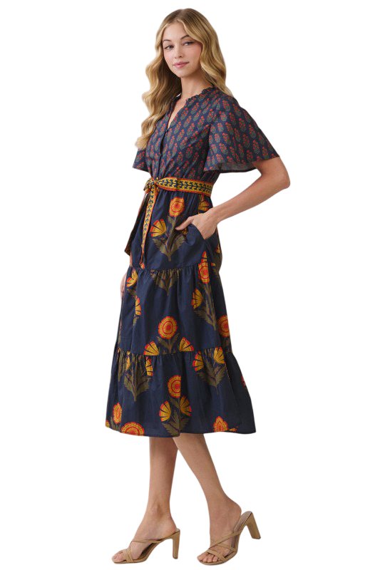 TCEC Floral Print Waist Tie Midi Dress
