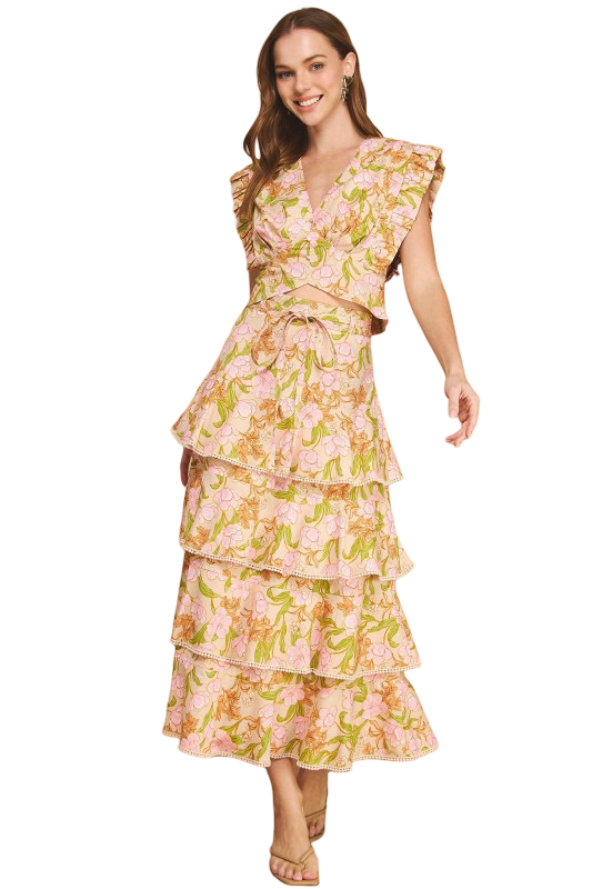 Strut and Bolt Floral Print Pleated Tiered Skirt Set