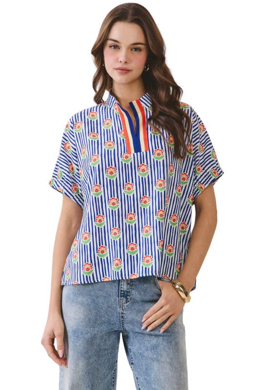 TCEC Floral Striped Neck Blouse Top