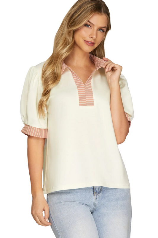 She+Sky Stripe Detail Short Sleeve Blouse Top