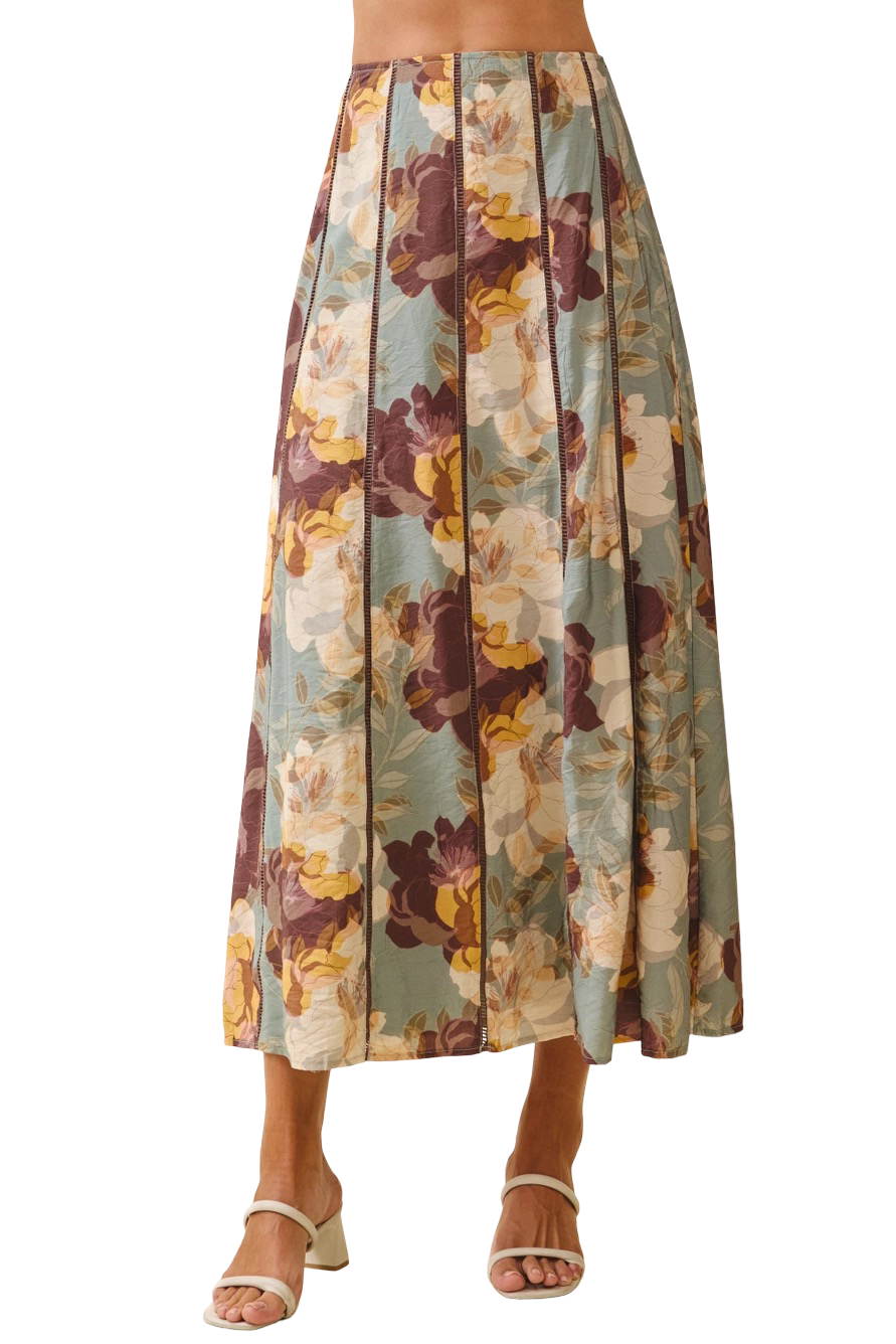 Apparel- TCEC Floral Contrast Stitch Detail Midi Skirt