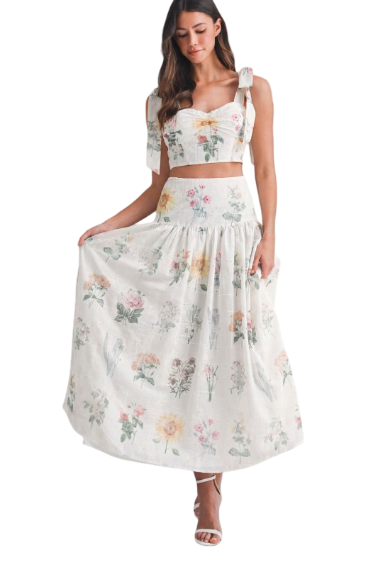 Mable Floral Eyelet Top and Midi Skirt Set