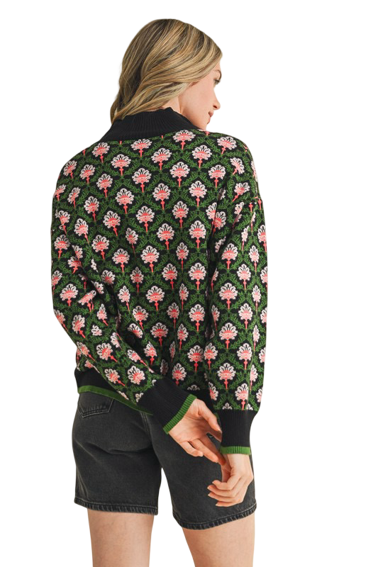 Apparel- En Merci Floral Half Zip Mock Neck Pullover Sweater