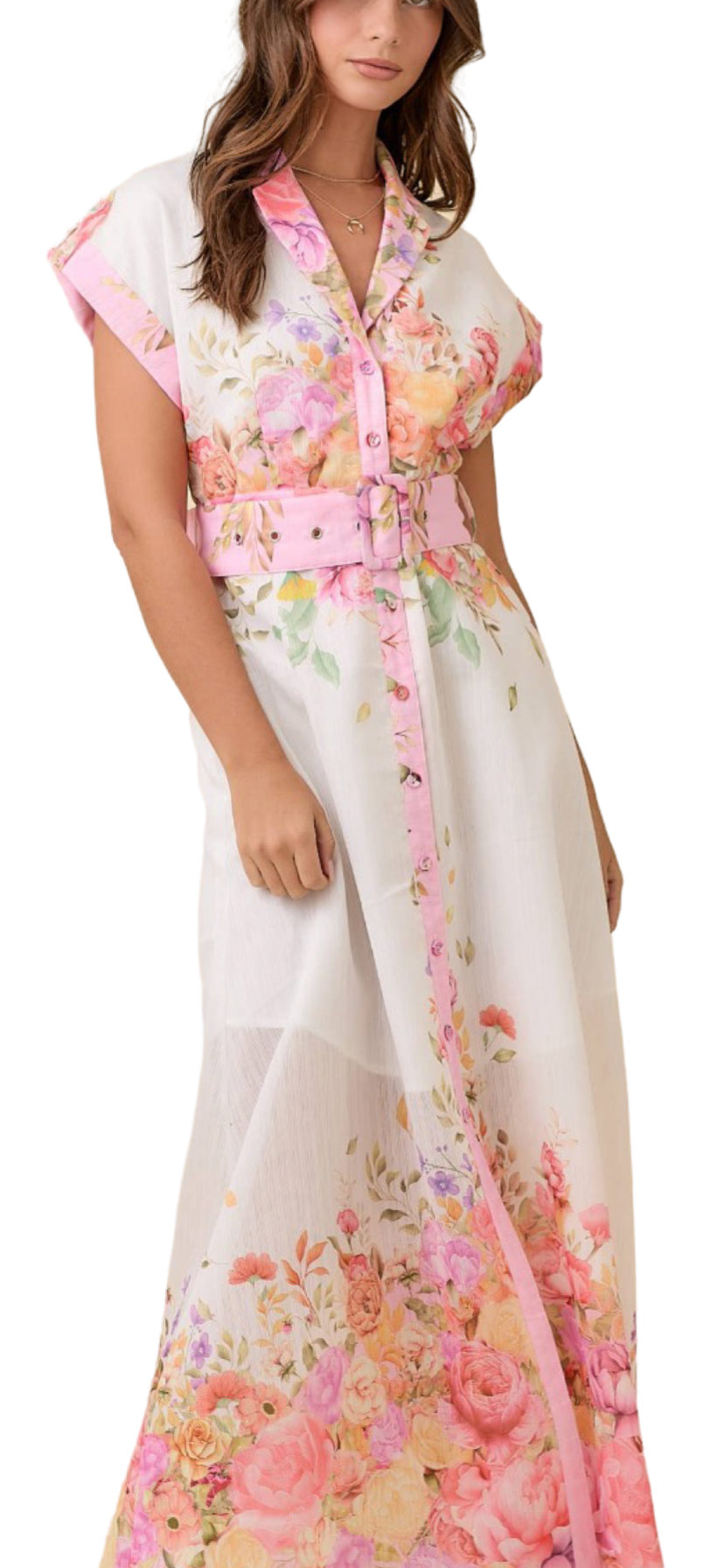 Apparel- Main Strip Floral Print Lapel Collar Button Down Maxi Dress