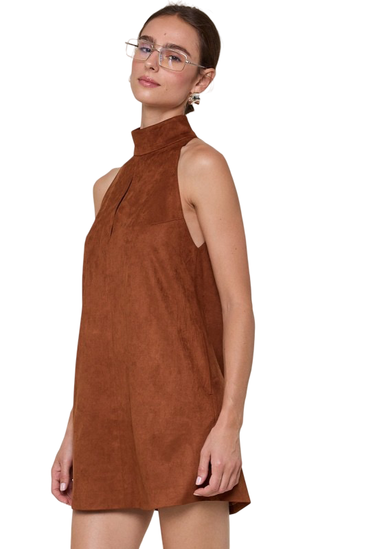 Apparel- Sky to Moon Suede Cut Out Point Plain Mini Dress