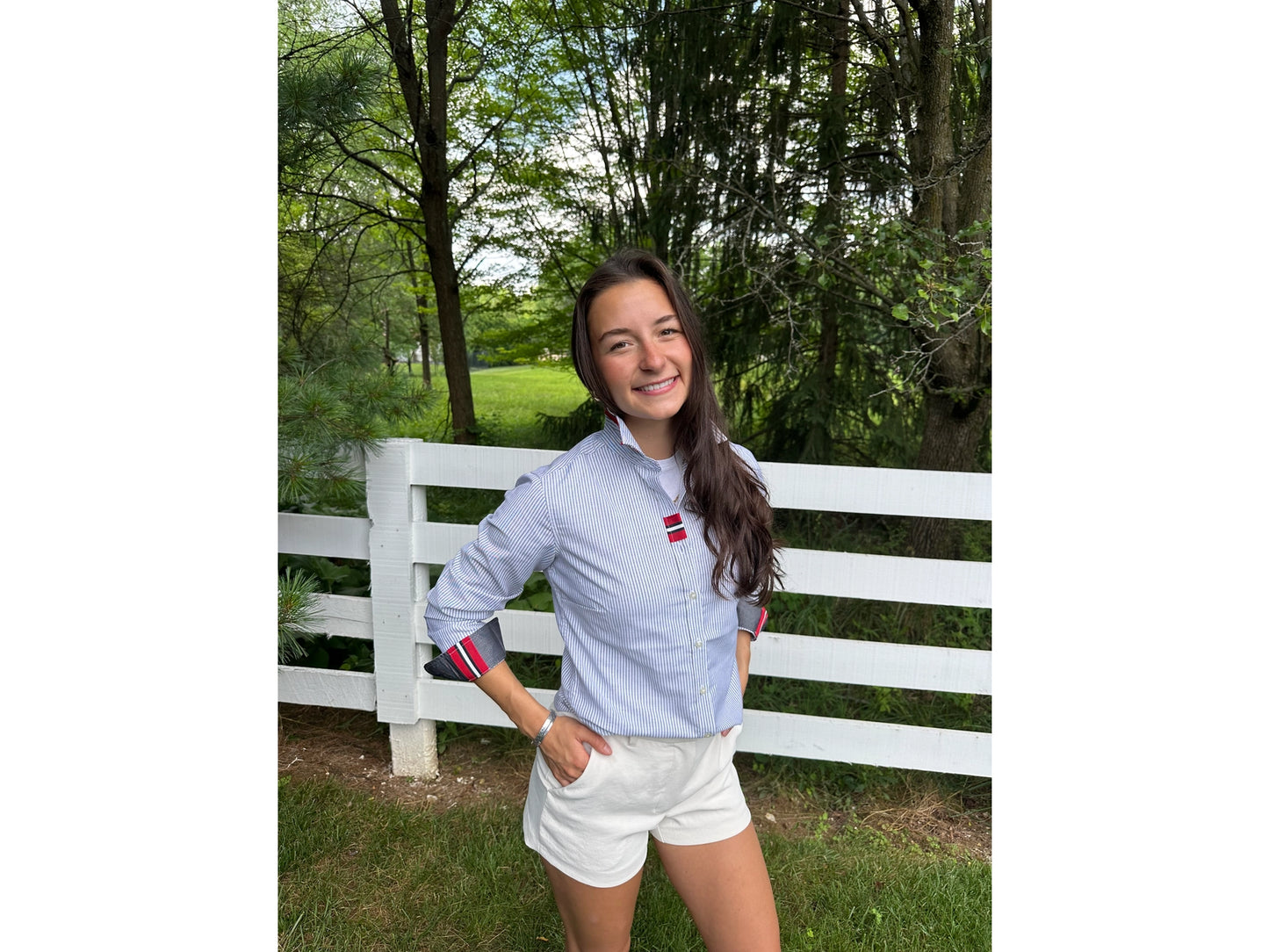 Pearly Vines Casie 2-  Striped Oxford with Black and Red Stripe Ribbon