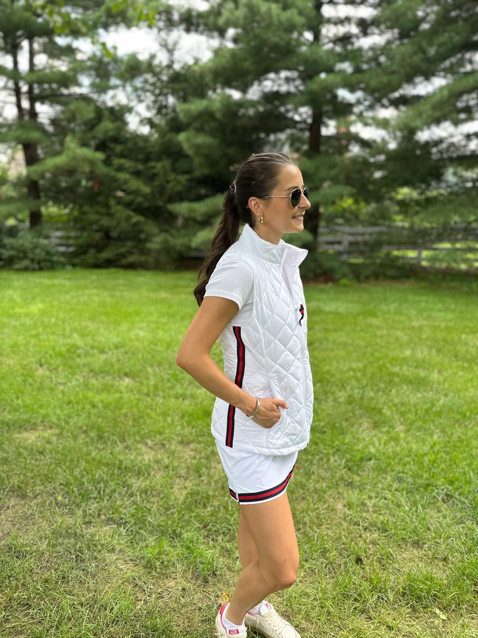 Apparel- Pearly Vine Maggie May- White Quilted Puffer Vest w Navy & Red Stripe Ribbon Trim