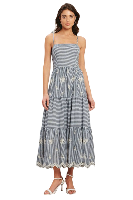 Flying Tomato Embroidered  Striped Tie Strap Maxi Dress