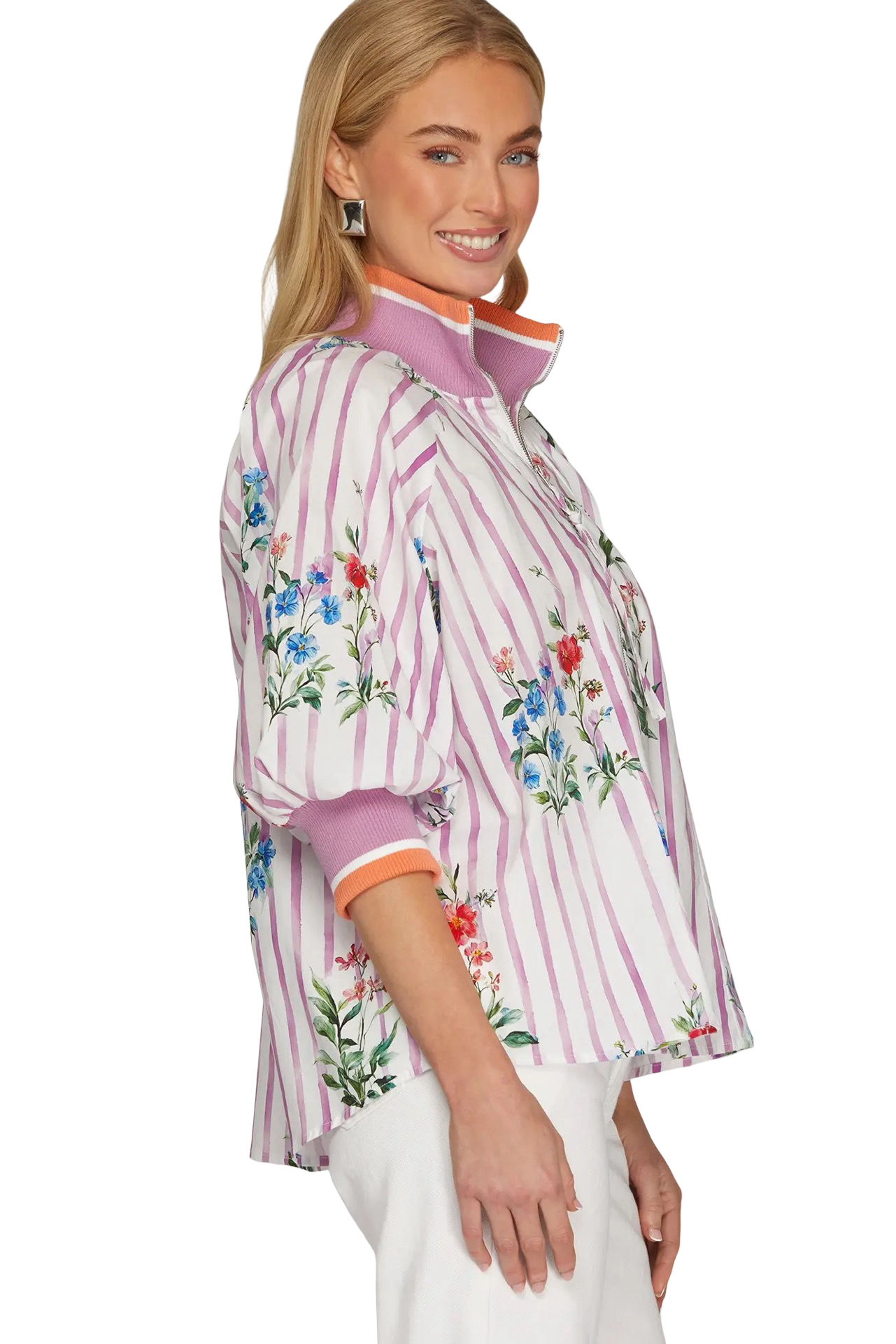 She+Sky 3/4 Sleeve Half Zip Printed Blouse Top