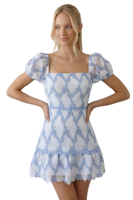 B. Right Square Neck Puff Sleeve Lace Mini Dress