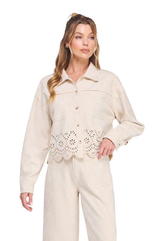 Apparel-Allie Rose Suede Laser Cut Shirt Jacket