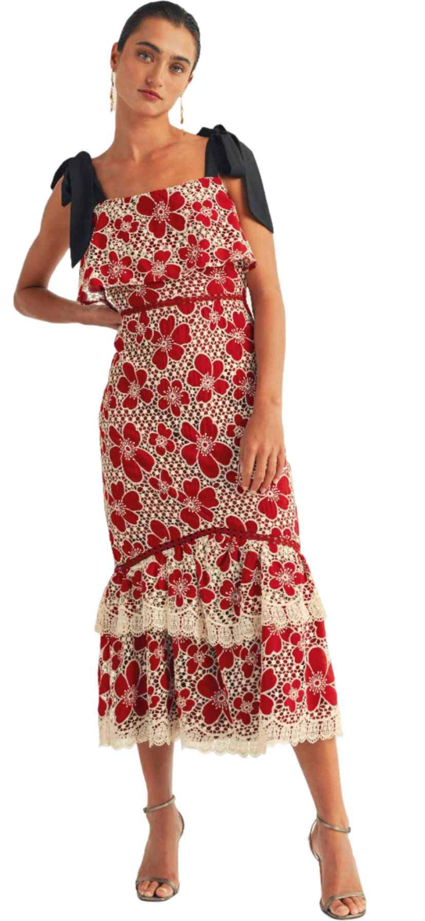 Just Me Flower Lace Ruffle Bottom Midi Dress D.Blue / Large Just Me Flower Lace Ruffle Bottom Midi Dress D.Blue / Large