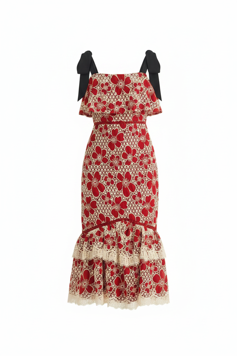Just Me Flower Lace Ruffle Bottom Midi Dress