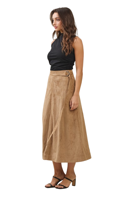 Apparel- Able Belted A Line Vegan Suede Midi Skirt