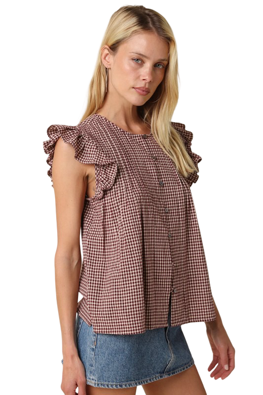 Olivaceous Clara Gingham Ruffle Sleeve Top
