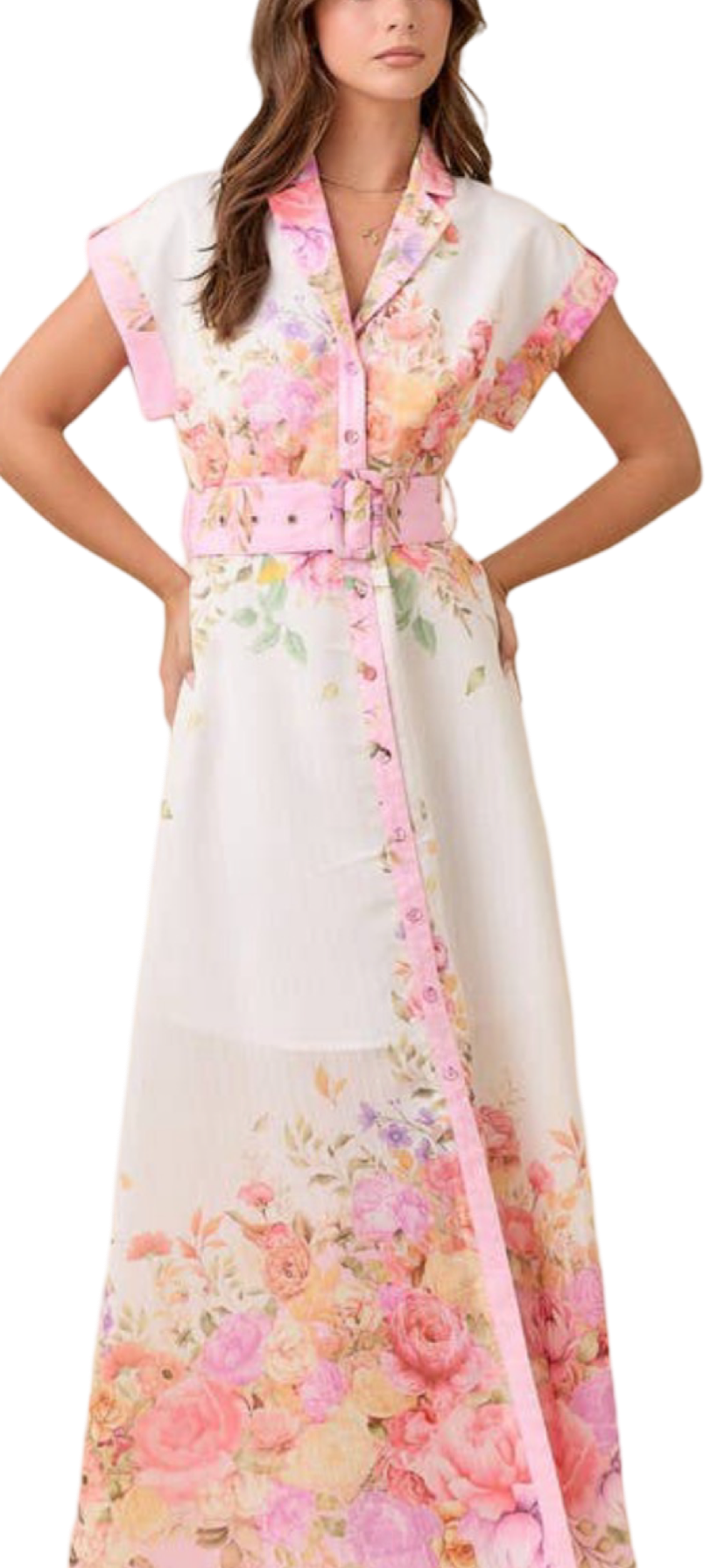 Apparel- Main Strip Floral Print Lapel Collar Button Down Maxi Dress