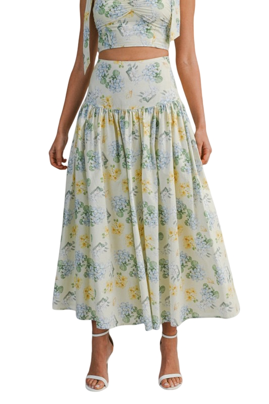 Mable Floral Print Ruched Bust Top and Midi Skirt Set