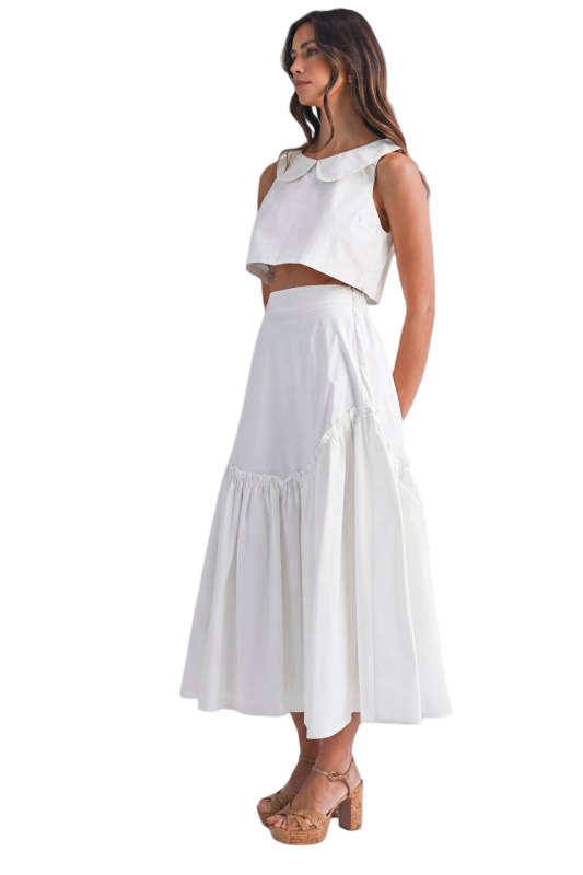Mable Poplin Collar Sleeveless Top and Midi Skirt Set