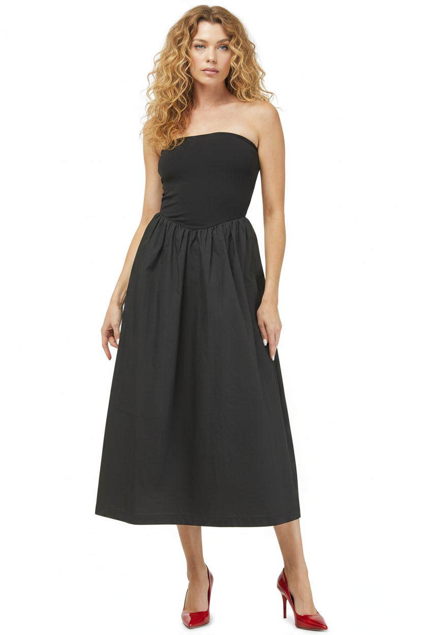 Needii Ribbed Tube Mixed Media Midi Dress