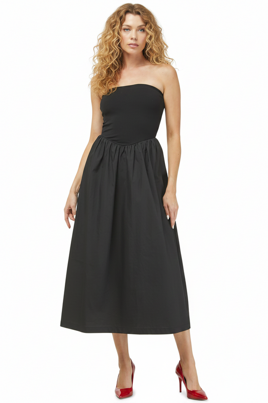 Needii Ribbed Tube Mixed Media Midi Dress