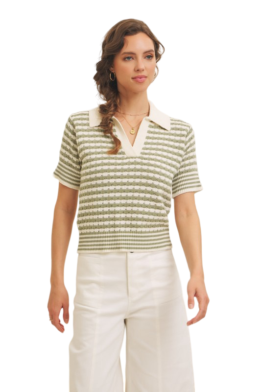 Apparel- In February Striped V Neck Collard Summer Sweater Top