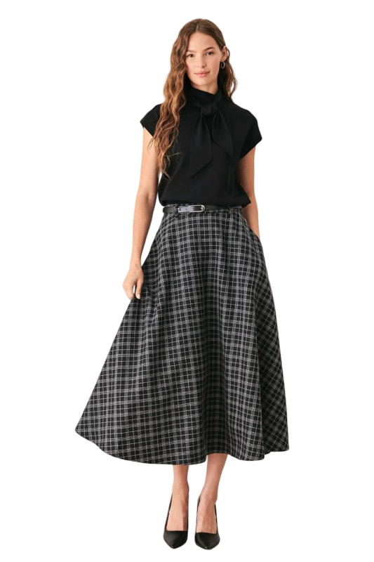Flying Tomato Full Plaid Woven Midi Skirt