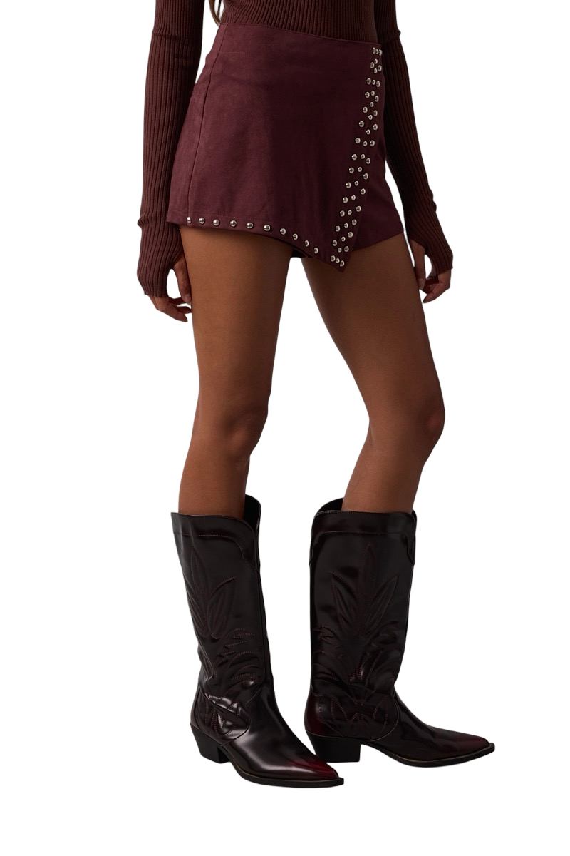 Apparel- Sky to Moon Suede Asymmetrical Studded Mini Skort