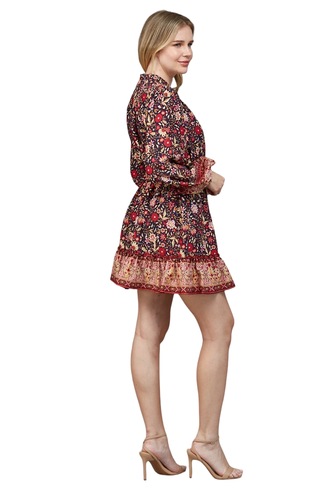 Apparel-Fate Border Print Button Down Belted  Mini Dress