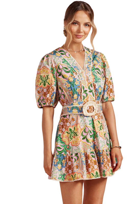 Apparel- Strut and Bolt Floral Puffed Sleeve Belted Mini Dress