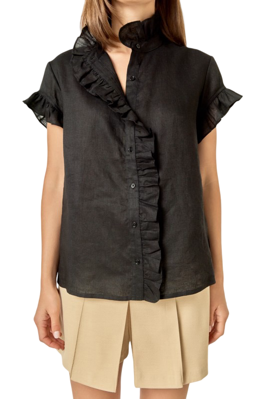 English Factory Black Linen Ruffled  Blouse Shirt