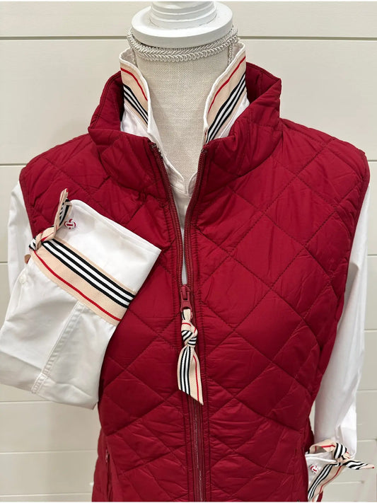 Apparel- Pearly Vine Maggie May- Burnt Red Quilted Puffer Vest w Khaki/Black & Red Stripe Ribbon