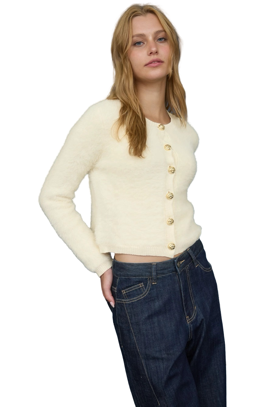 Apparel- The Workshop Gold Button Fuzzy Knit Cardigan Top