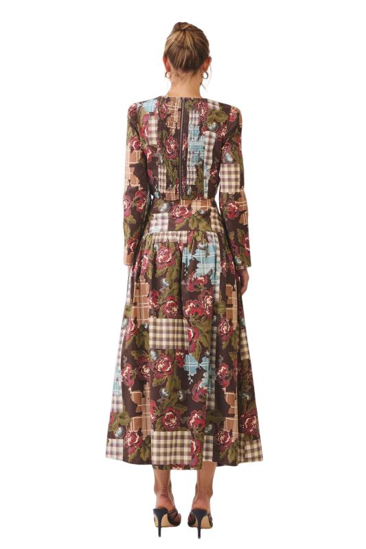 TCEC Floral Plaid Patchwork Maxi Skirt