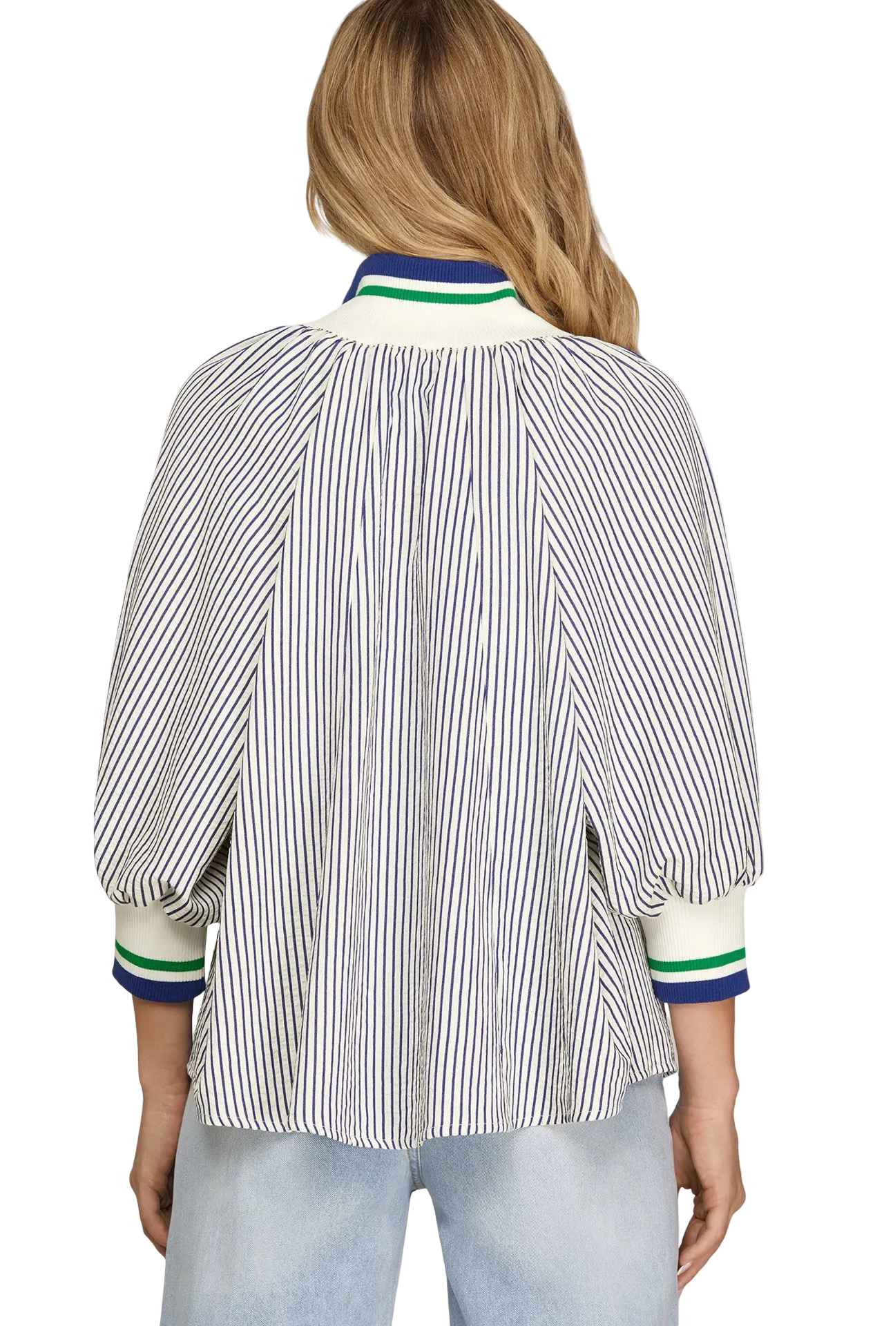 She+Sky 3/4 Sleeve Zip Down Contrast Blouse Top