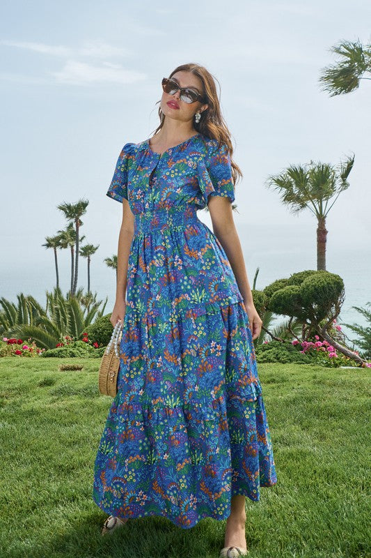 Apparel- Sugarlips Ruya Floral Palmer Poplin Tiered Maxi Dress