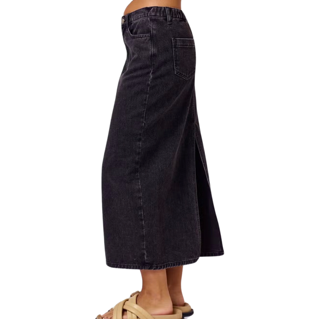 Apparel- Blue Blush Denim Midi Skirt With Back Slit