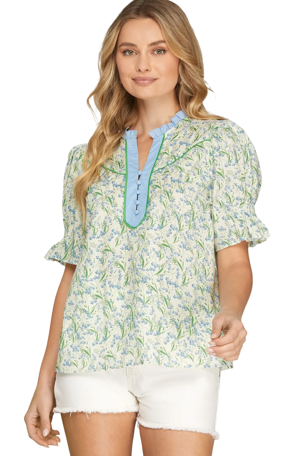 She+Sky Short Smocked Sleeve Blouse Printed Top