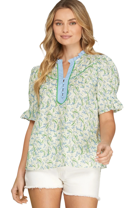 She+Sky Short Smocked Sleeve Blouse Printed Top