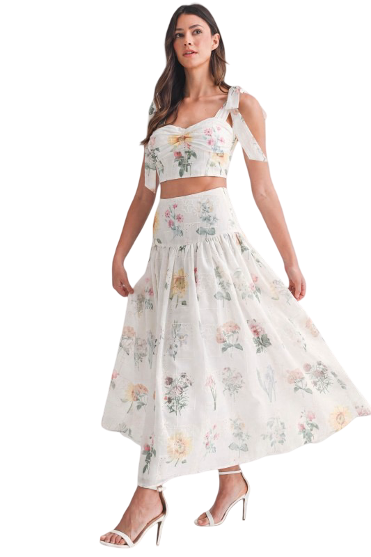 Mable Floral Eyelet Top and Midi Skirt Set