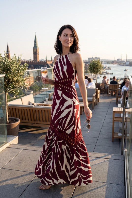 Baby Pink Zebra Print Halter Maxi Dress