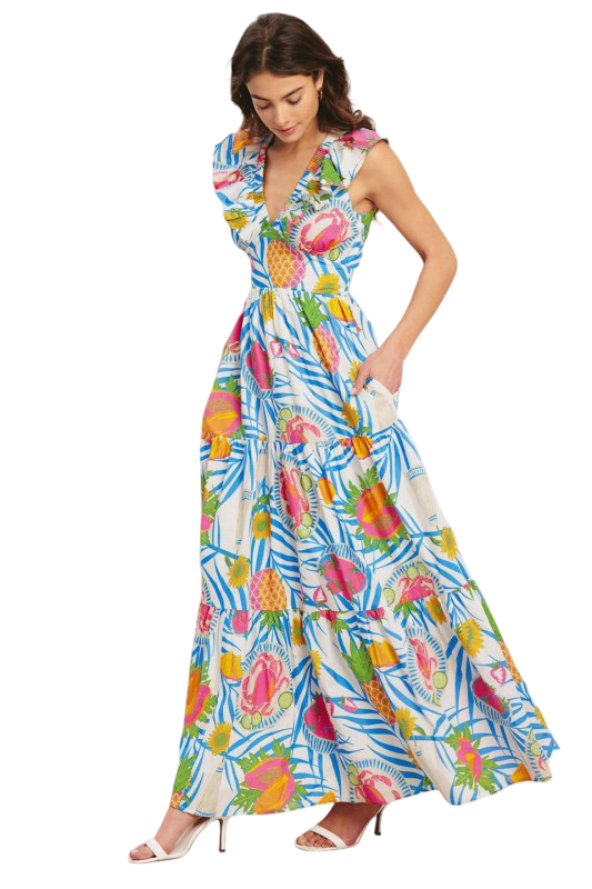 Flying Tomato Tropical Fruit V Neck Maxi Dress