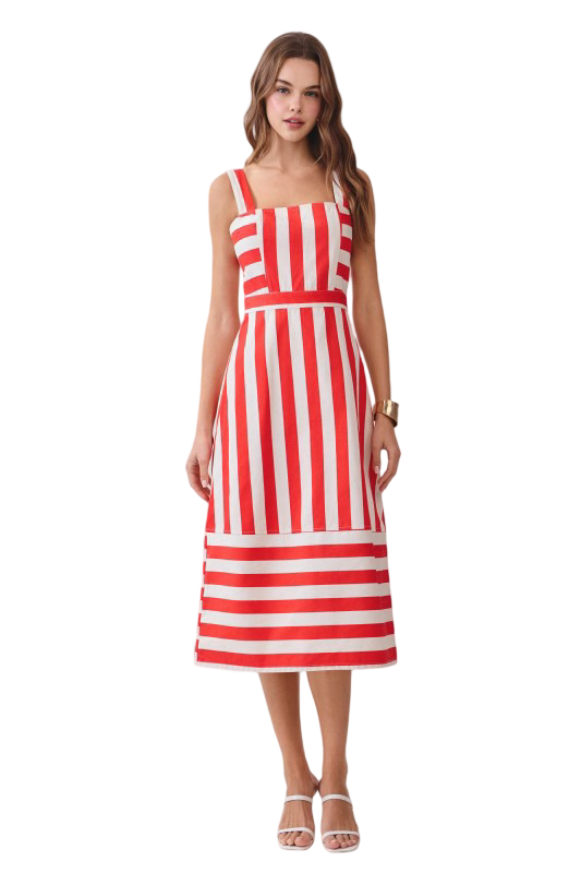 Apparel- TCEC Square Neck Striped Midi Dress