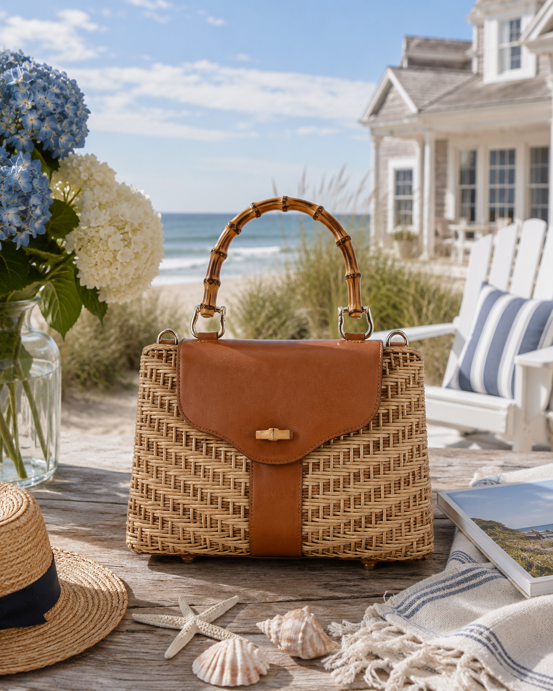 Jelavu Hamptons Collection Jackie Wicker Straw and Leather Handbag