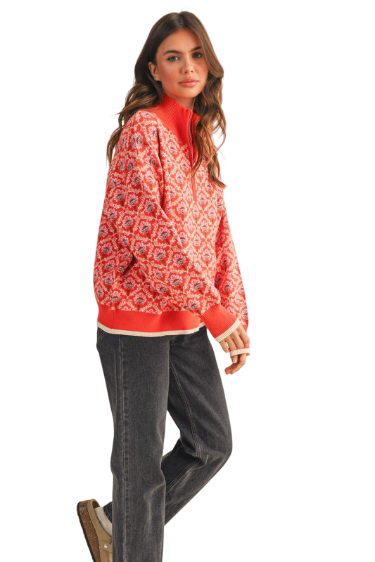 Apparel- En Merci Floral Half Zip Mock Neck Pullover Sweater