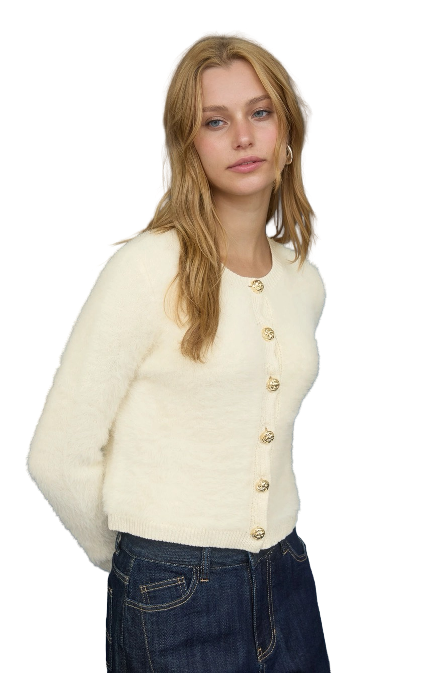 Apparel- The Workshop Gold Button Fuzzy Knit Cardigan Top